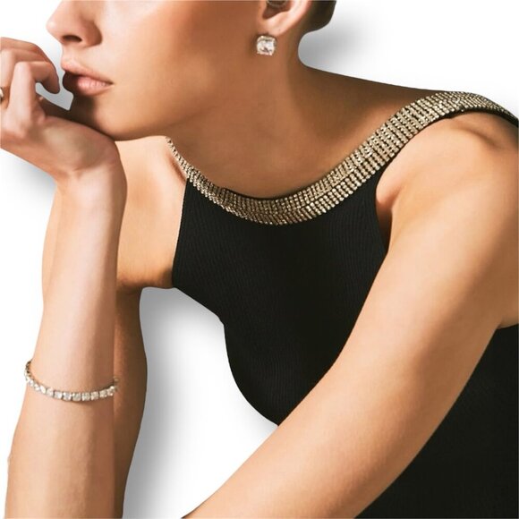 Anthropologie Endless Rose M Black Knit Rhinestone Trim Wedding Guest Mini Dress - Picture 4 of 9